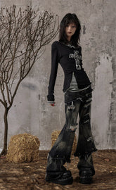 Fake Two-Piece Rivet Washed Jeans Women